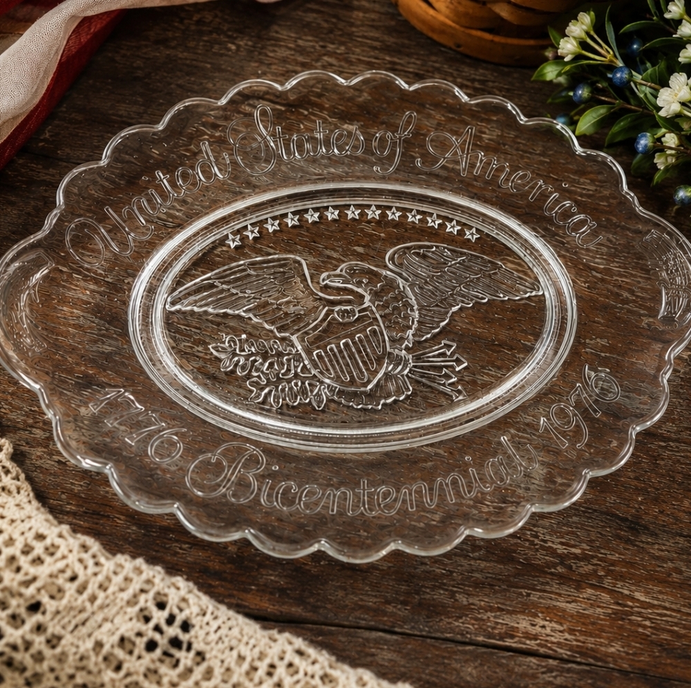 United States Bicentennial Scalloped Glass Serving Plate - Clear